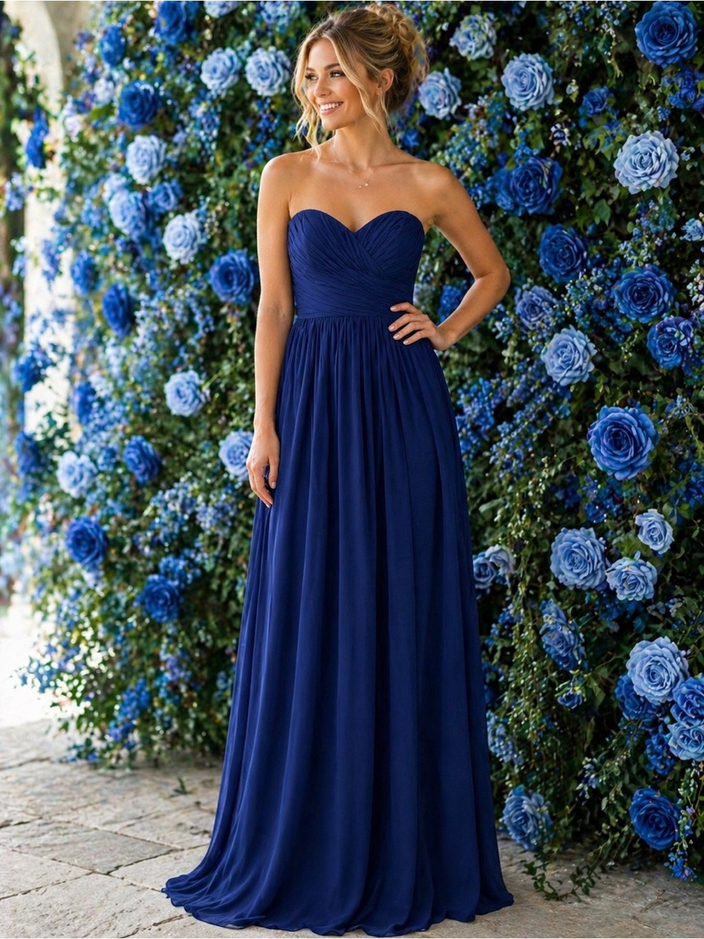 David's Bridal Strapless Royal Blue Chiffon Gown